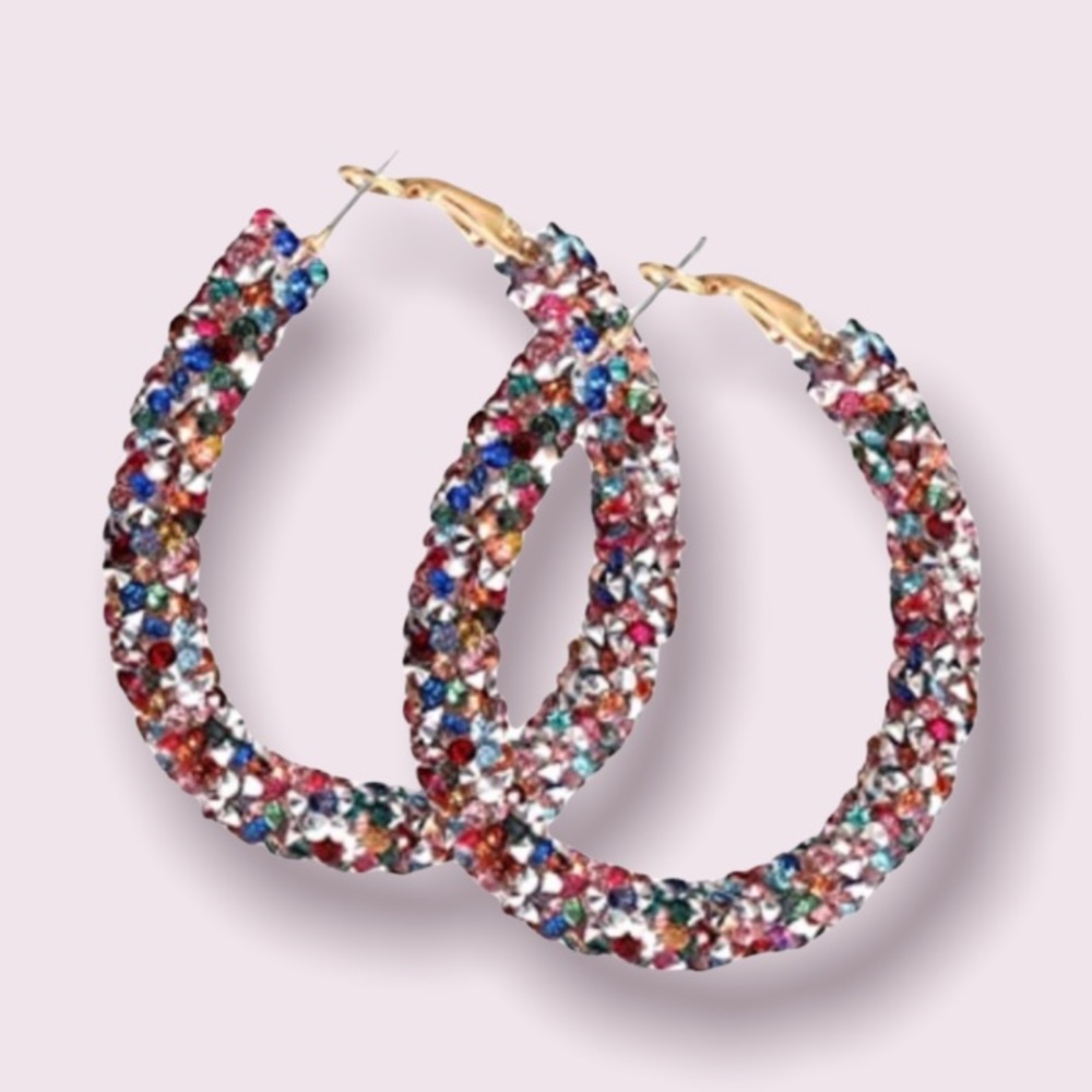 Free Press Rainbow Multi Color Glitter Hoop Earrings